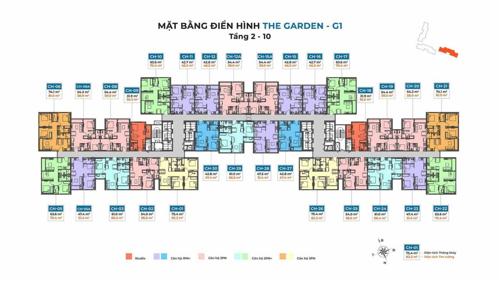 Mặt bằng Imperia Ocean City – Thông tin chính thức từ MIK Group 2 Mặt bằng tòa The Garden G1 sở hữu cơ cấu căn tối ưu với nhiều lựa chọn từ Studio đến 3 phòng ngủ, hành lang thông thoáng và layout khoa học, lý tưởng cho cả an cư lẫn đầu tư