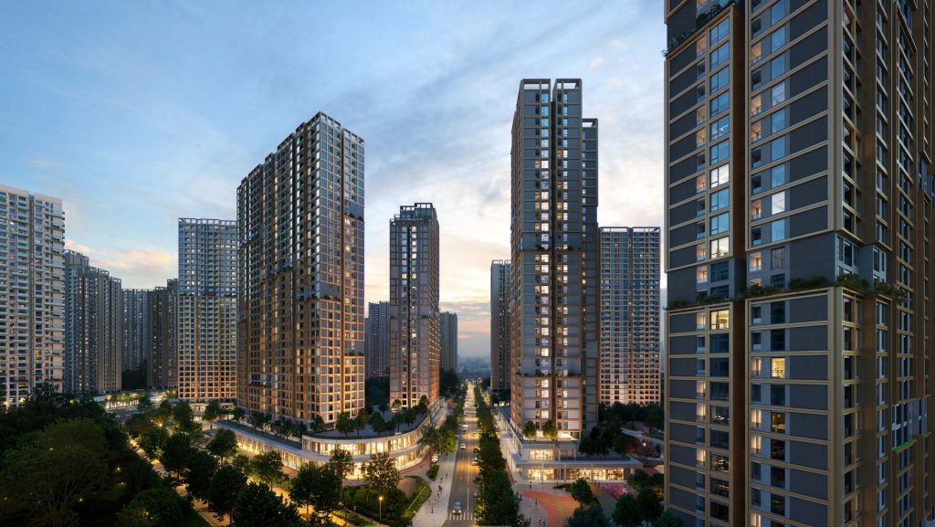 Phối cảnh các tòa căn hộ cao tầng Imperia Ocean City phân khu The Parkland với trục đường nội khu và cảnh quan xanh