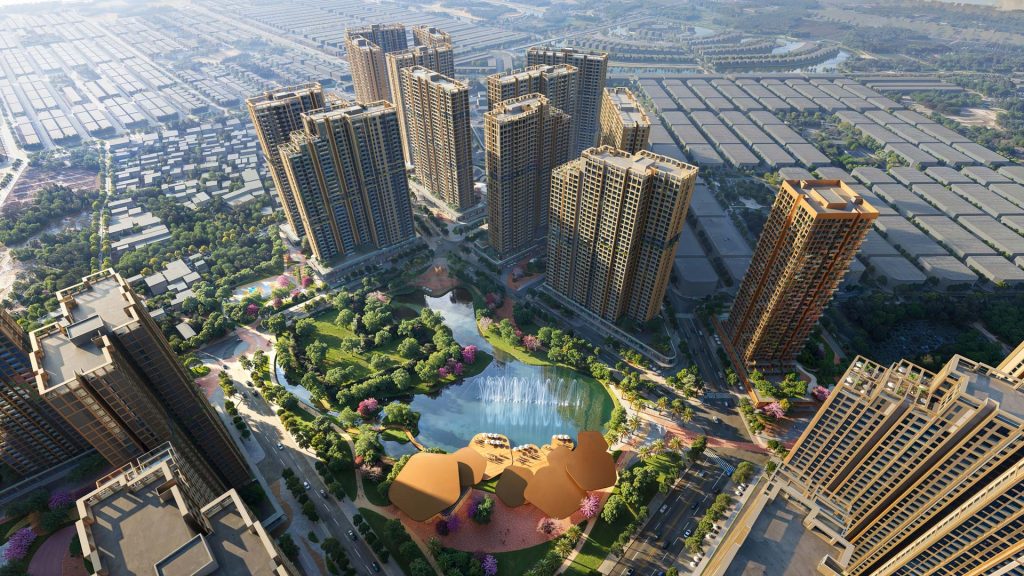 Phối cảnh tổng thể Imperia Ocean City – The Parkland: quần thể căn hộ cao tầng hiện đại, bao quanh công viên trung tâm và hồ cảnh quan